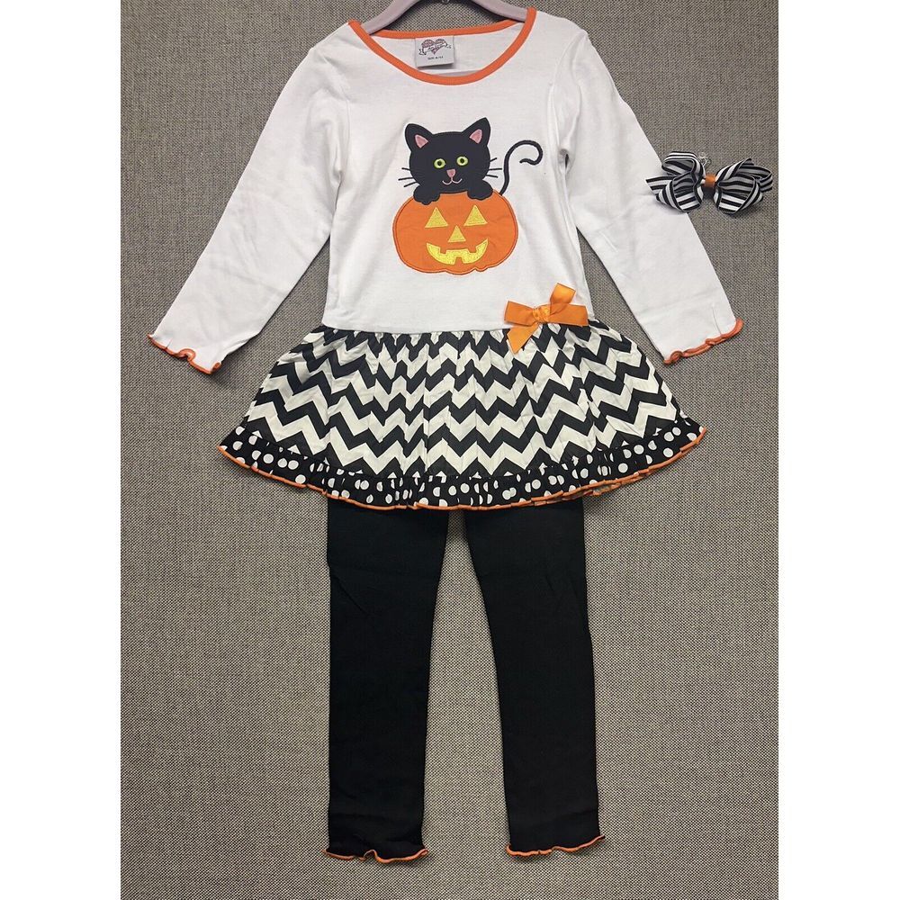 BNWT Ann Loren Halloween Black Cat In Pumpkin Dress Pants Set Girls Size 4/5‎